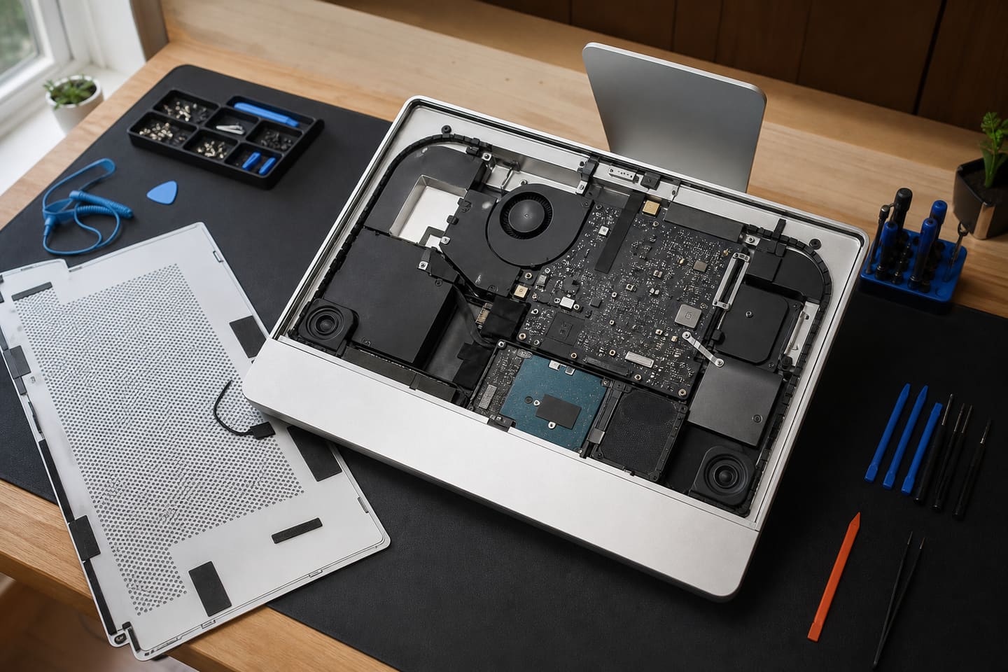 Service illustration of an unbranded all-in-one computer opened for internal diagnostics on a repair bench