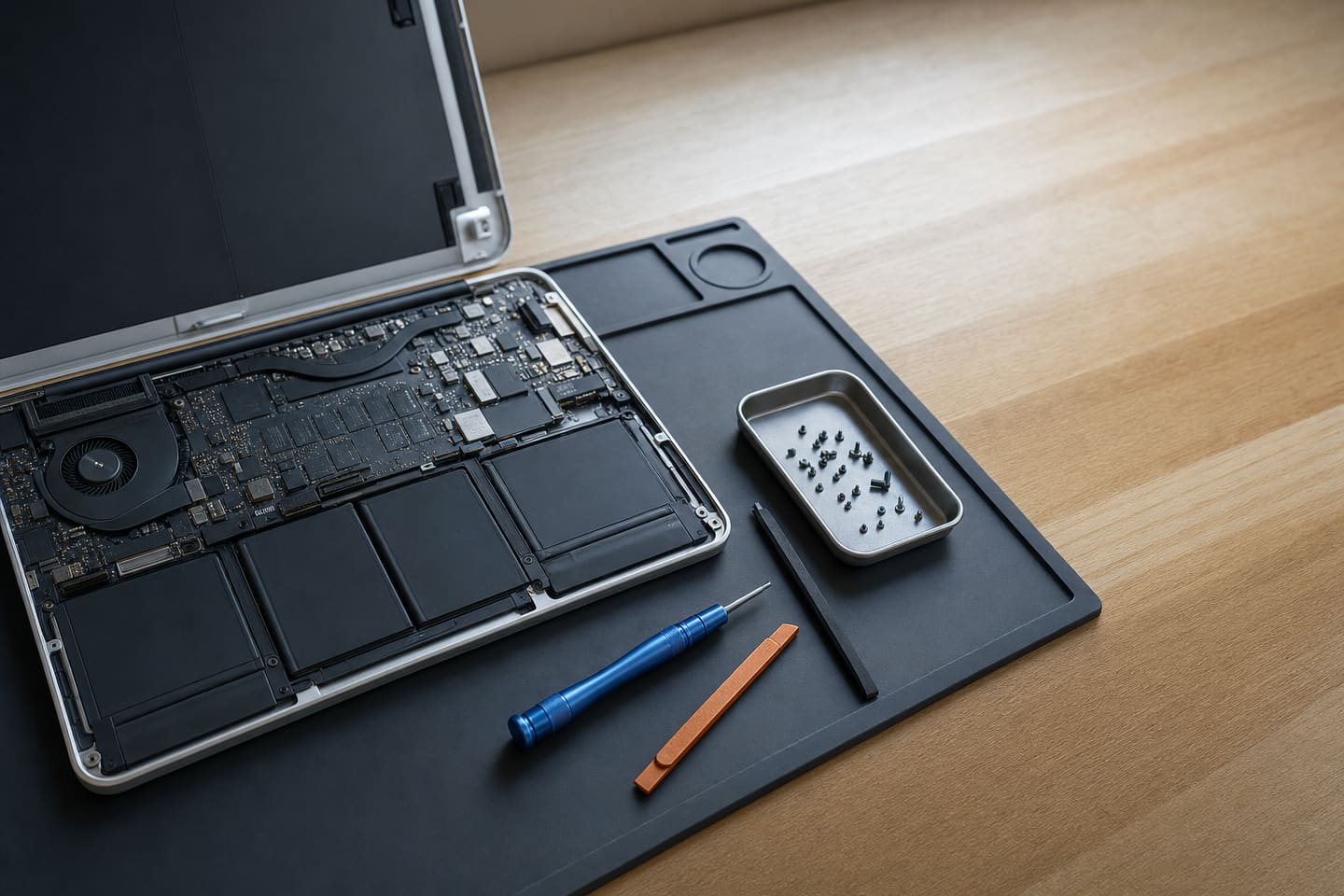 Service illustration of an unbranded aluminum laptop opened for internal diagnostics on a repair bench