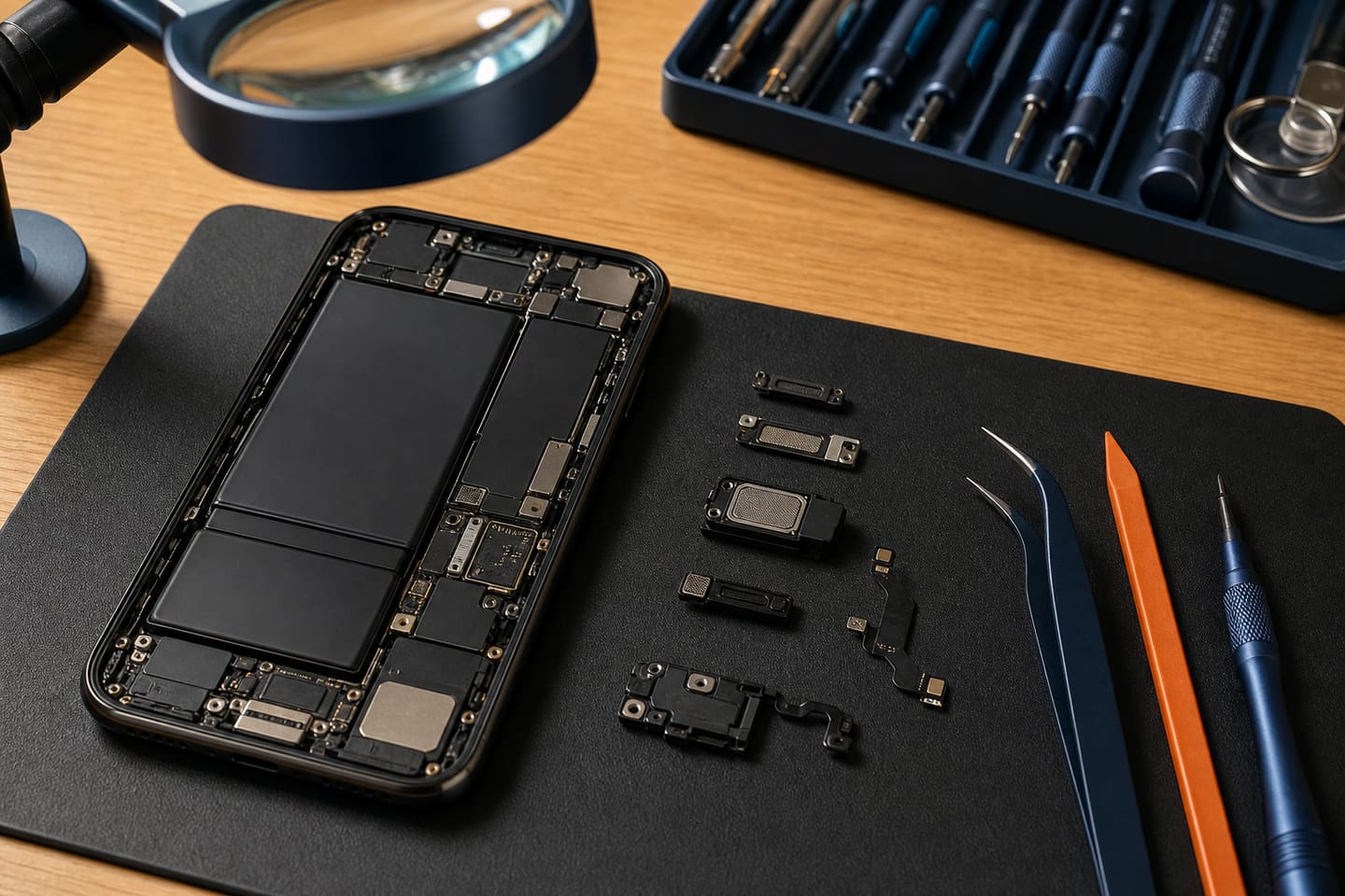 Service illustration of an unbranded phone opened beside speaker, earpiece and microphone modules