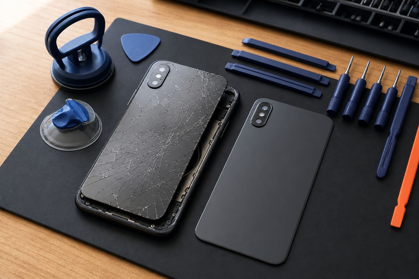Service illustration of an unbranded phone beside cracked and replacement rear-glass panels