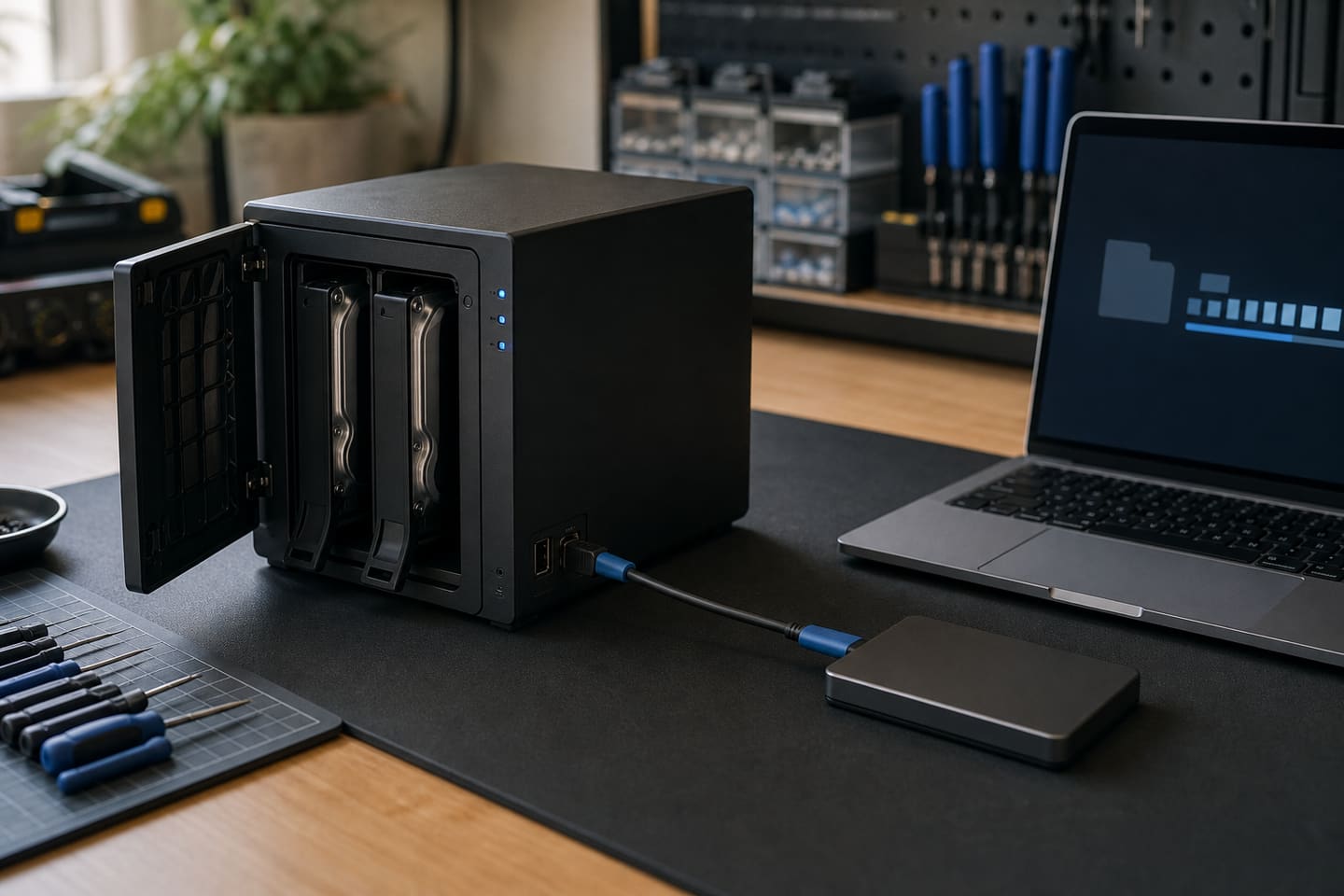 Ilustración de servicio de almacenamiento en red, un disco externo y una laptop sin marca preparados para revisar respaldos