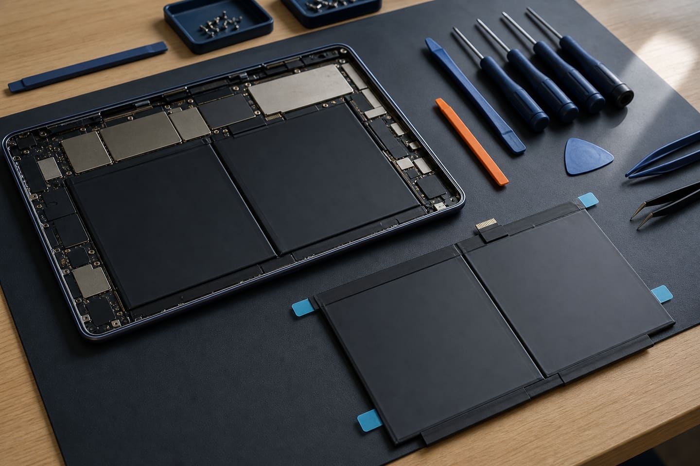 Service illustration of an unbranded tablet opened beside a replacement battery on an electronics bench