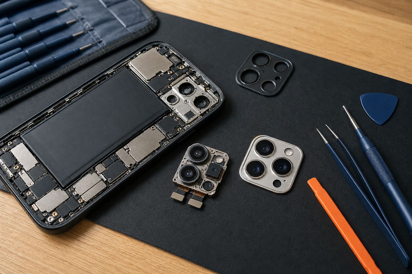 Service illustration of an unbranded mobile device opened beside replacement camera modules on a repair bench