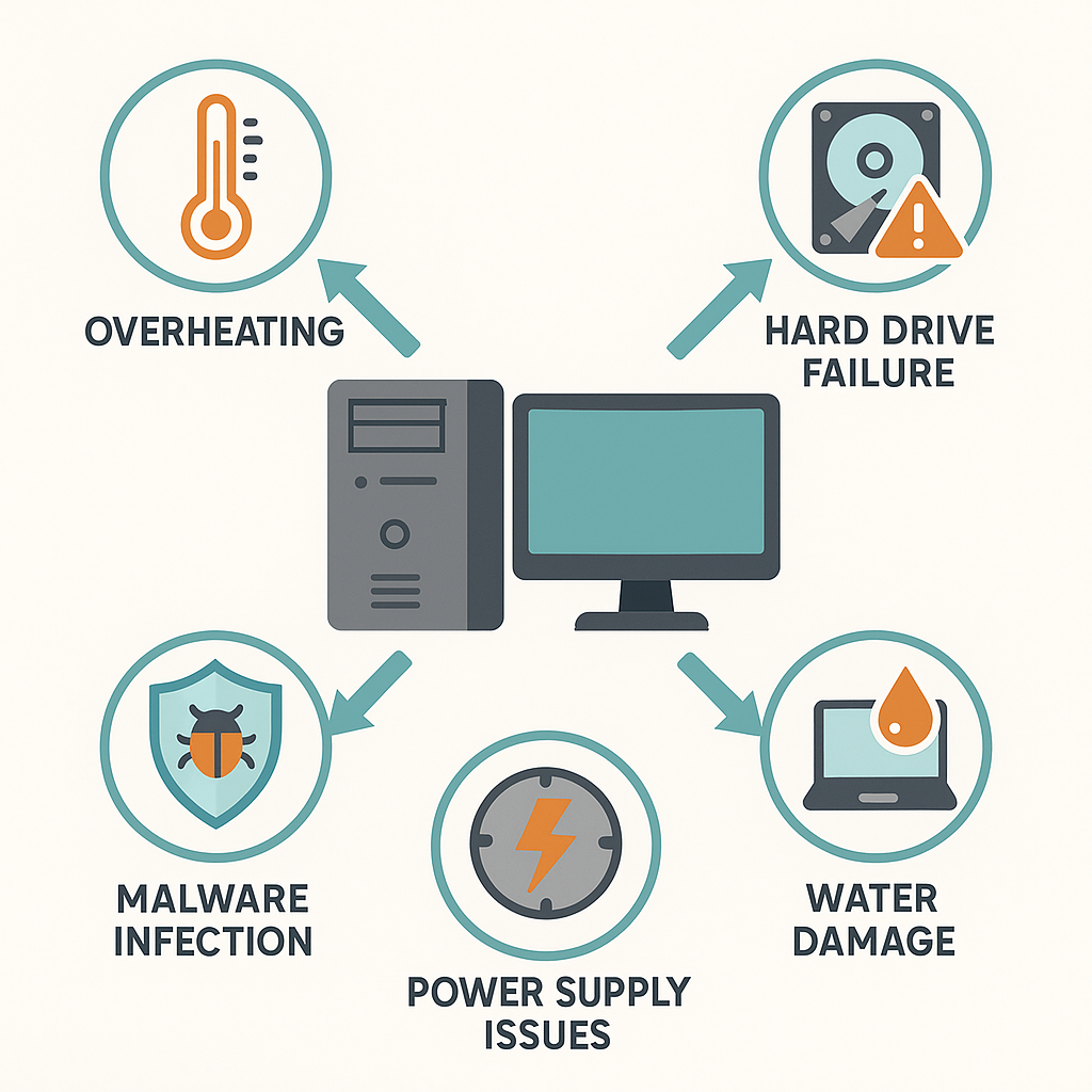 Common Computer Problems - Fix My PC Store Common computer problems infographic showing overheating, hard drive failure, malware infection, power supply issues, and water damage - Fix My PC Store Palm Beach County FL