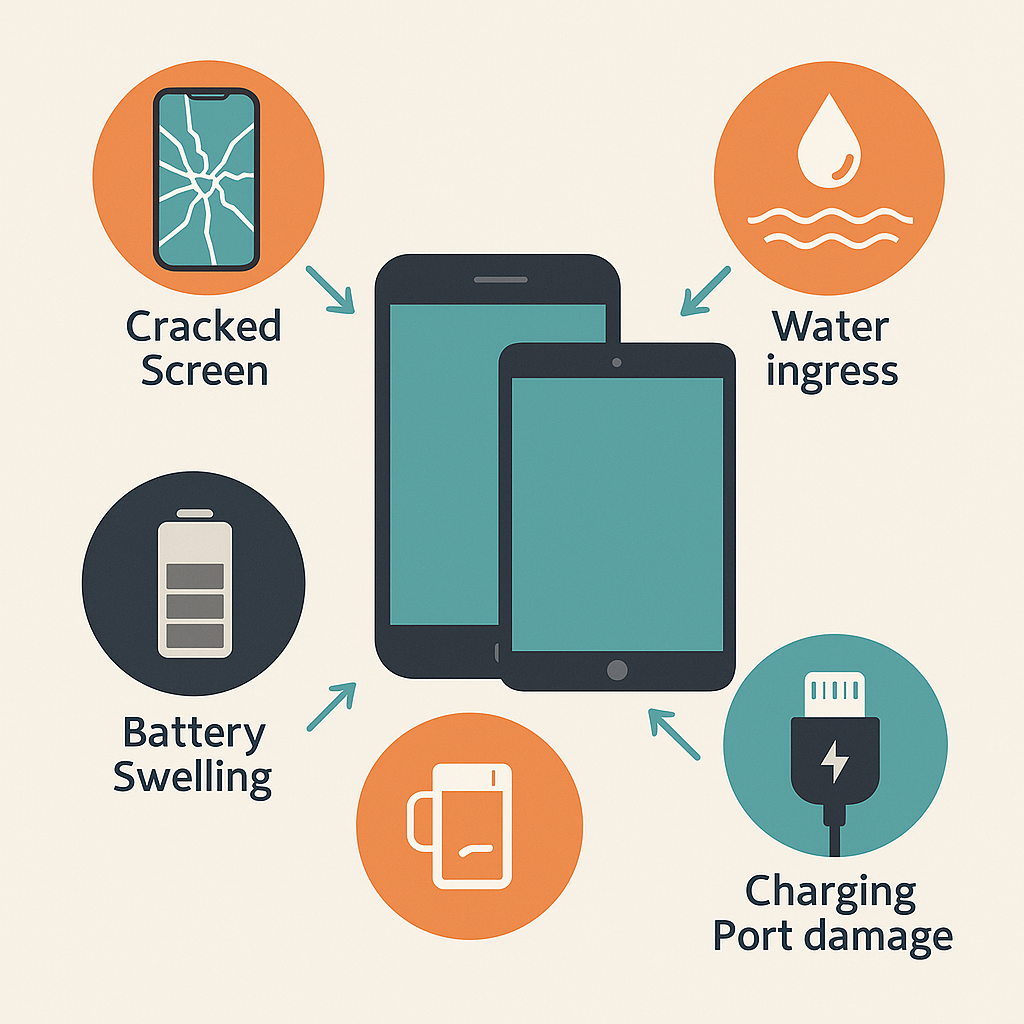 Common iPhone and iPad repair problems infographic showing cracked screen, water ingress damage, battery swelling, and charging port damage - mobile device repair Palm Beach County Florida