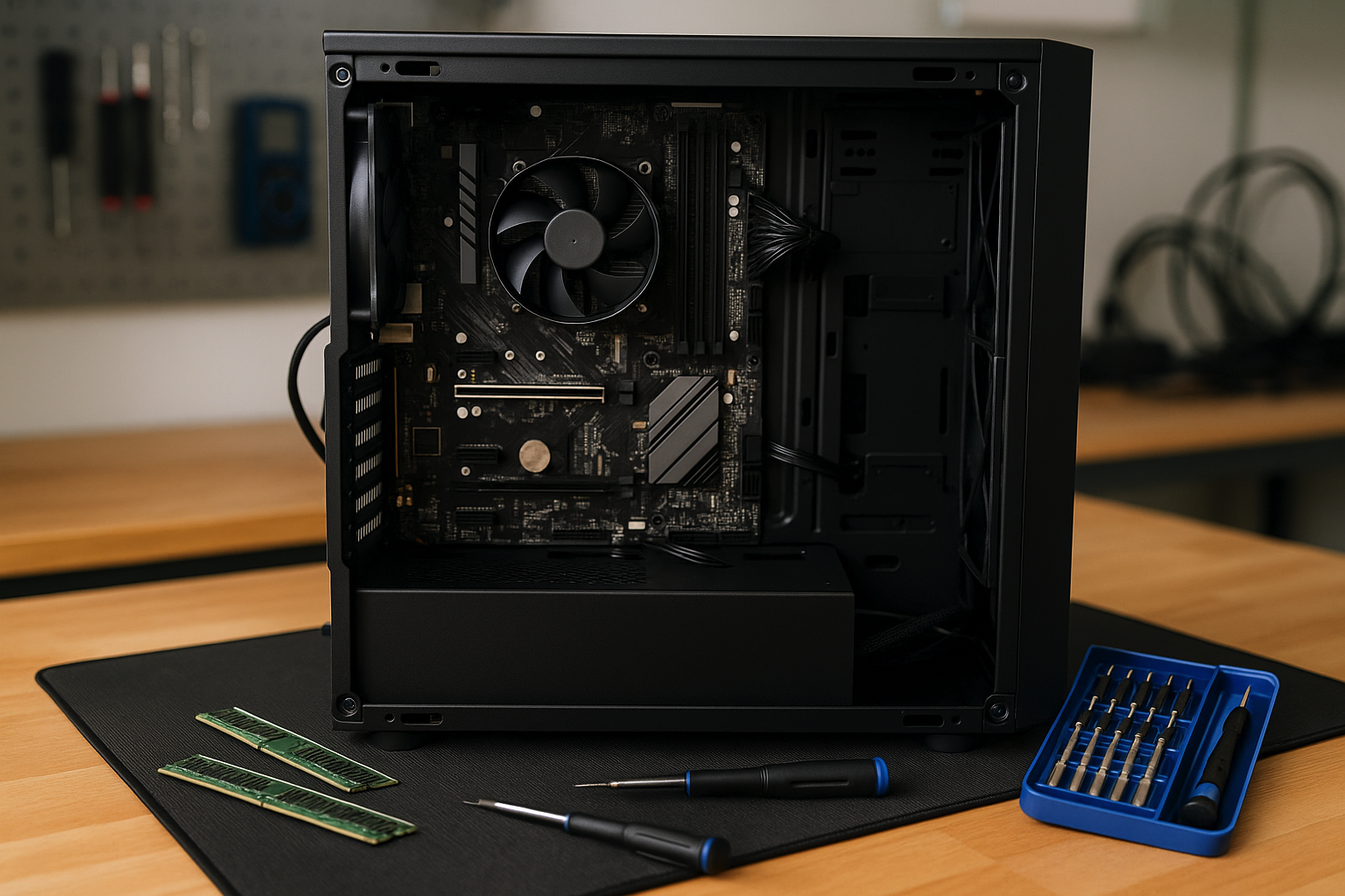 Computer Hardware Repair Tools - Fix My PC Store Professional computer hardware repair setup showing open desktop PC case with visible motherboard, CPU cooling fan, RAM memory sticks, and precision screwdriver toolkit - computer repair services Palm Beach County