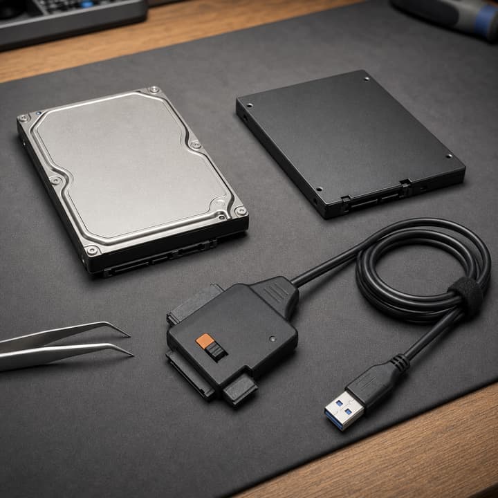 Hard drive and solid-state drive beside a diagnostic adapter
