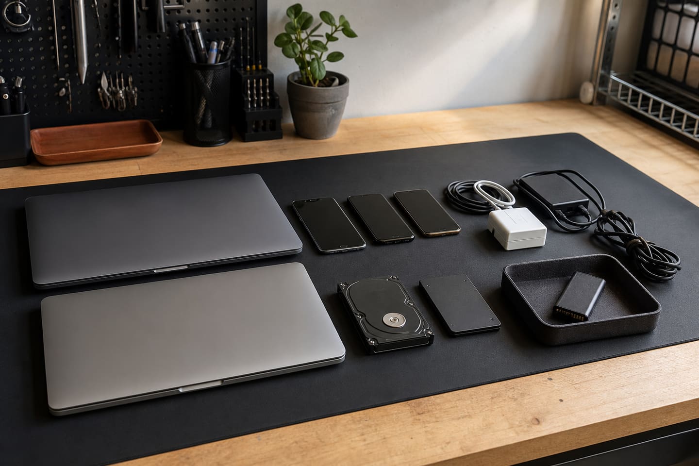 Ilustración de servicio de laptops, teléfonos, discos, cables y una batería separada preparados para recibir electrónicos