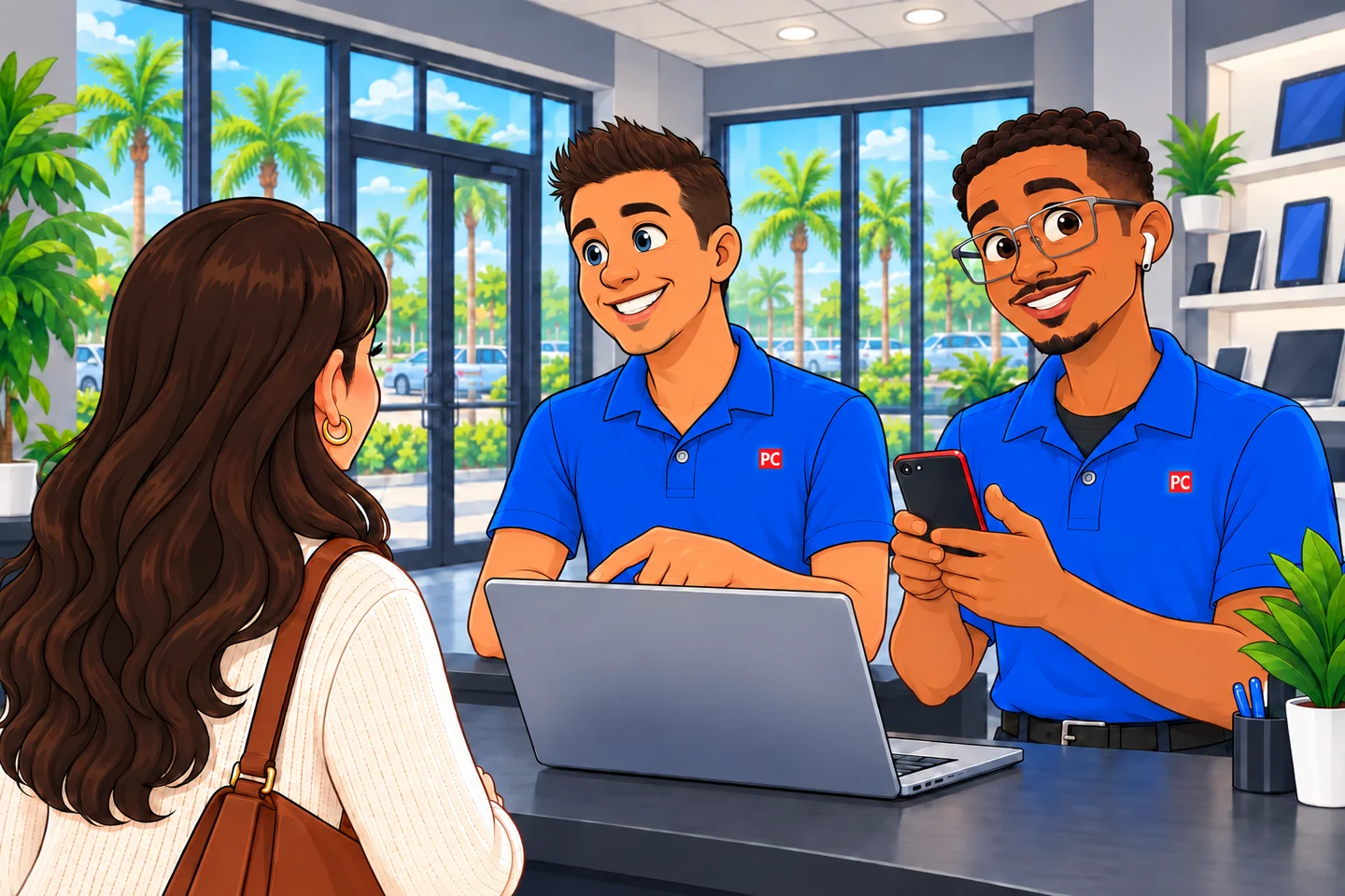 Cartoon illustration of two local technicians helping a customer with a laptop and phone