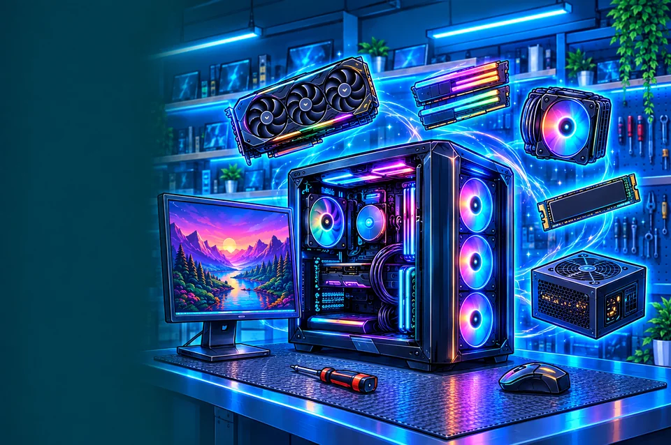 An open gaming PC mid-build on the Fix My PC Store bench, its graphics card, memory, cooler, SSD and power supply floating beside it