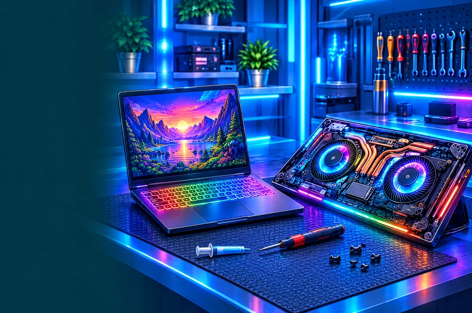 An open gaming laptop with an RGB keyboard beside a second gaming laptop turned over to show its cooling fans and heat pipes, on the Fix My PC Store bench