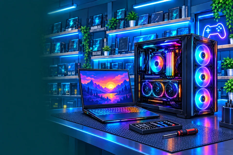 Un PC gamer de escritorio y una laptop gamer con ventiladores RGB en el taller de Fix My PC Store