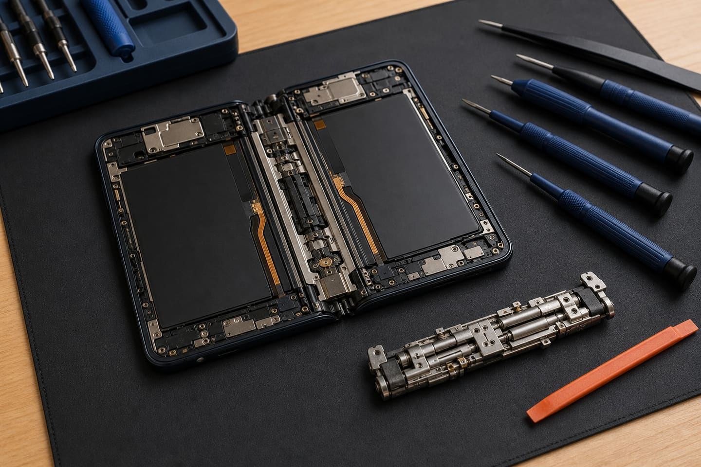Service illustration of an unbranded folding phone opened to expose its hinge mechanism and flex cables