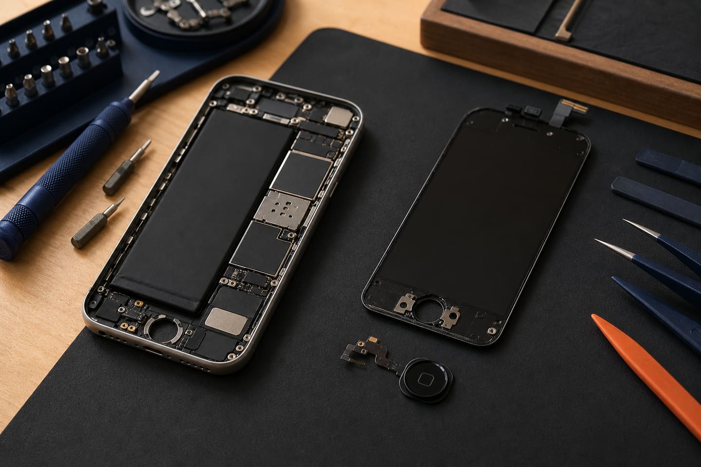 Service illustration of an older unbranded phone opened beside its circular home-button assembly