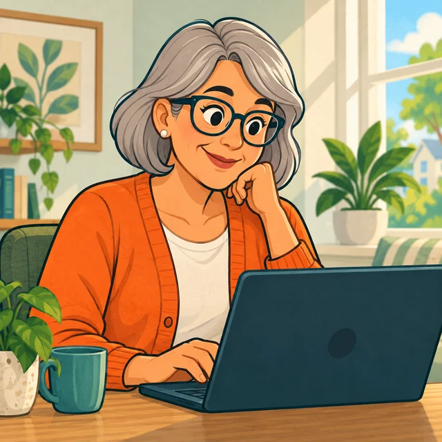 Illustration of a home user with her laptop