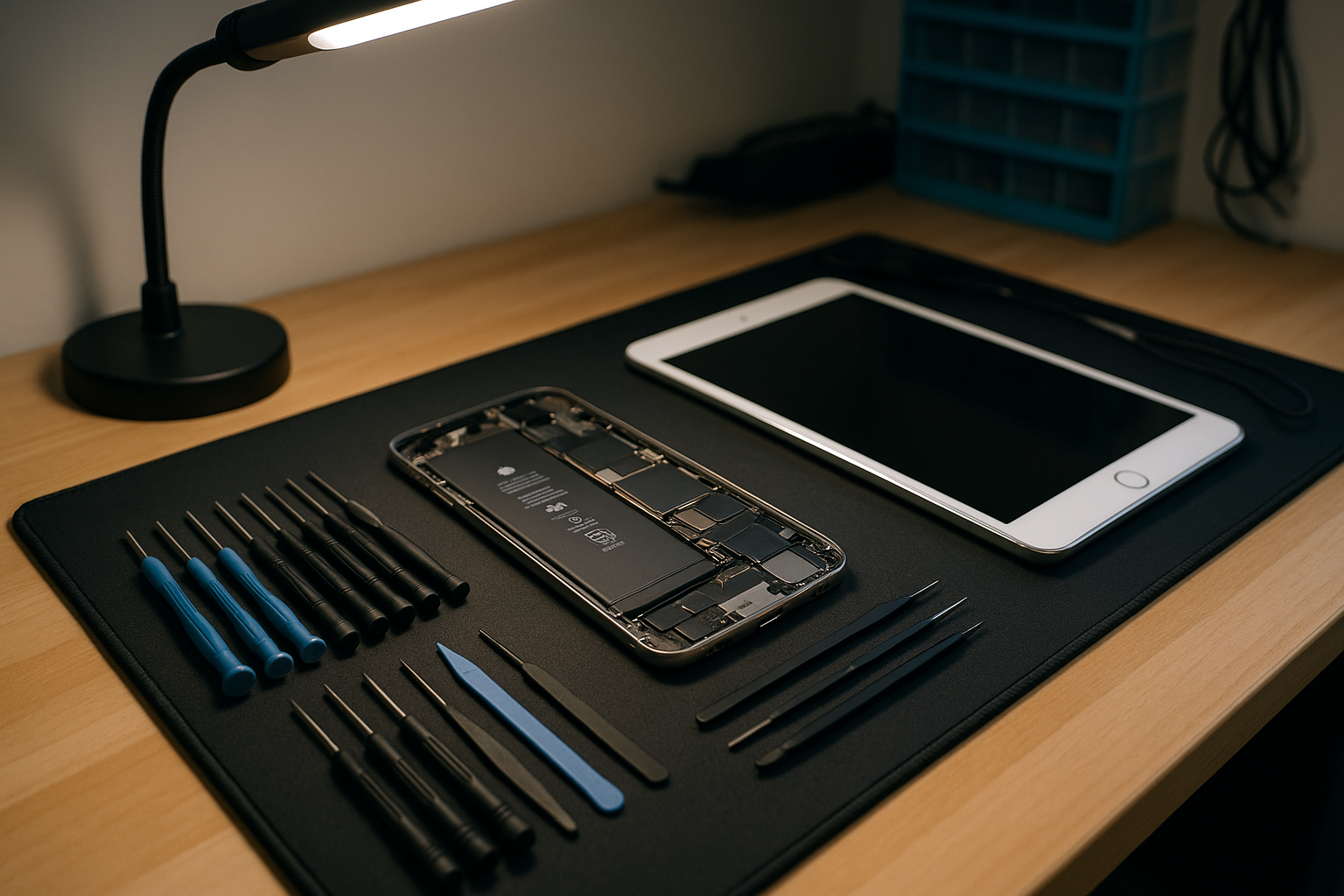 Professional iPhone and iPad repair workspace showing precision tools, open device revealing battery and internal components, iPad with repair mat and specialized screwdrivers - expert mobile device repair Palm Beach County