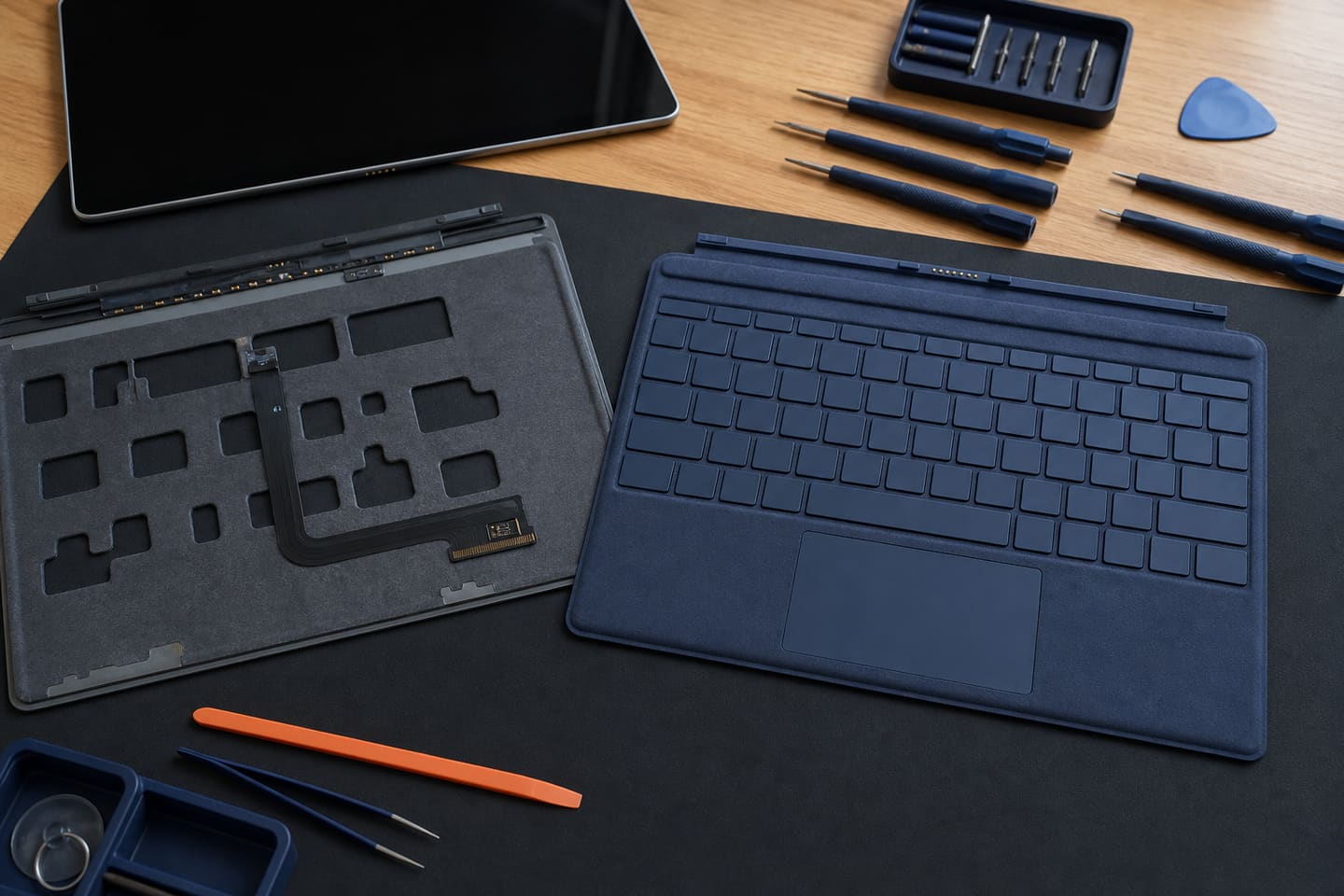 Ilustración de servicio de una cubierta de teclado desmontable sin marca abierta junto a un reemplazo