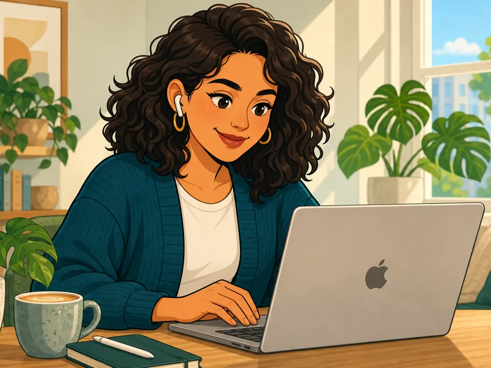 Illustration of a young professional working on a MacBook at home
