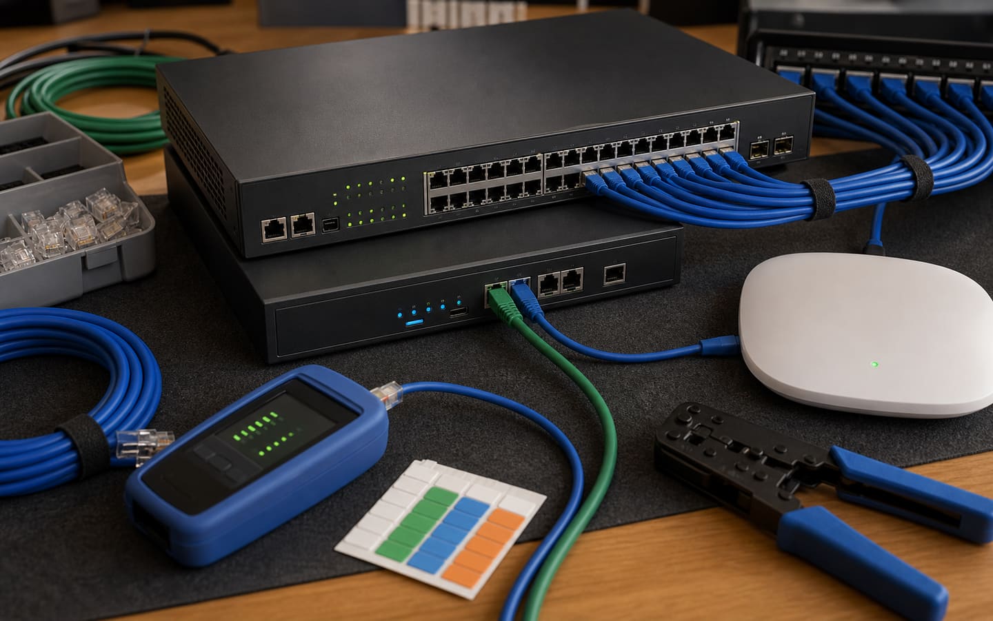 Network switch, wireless access point and cable tester on a workbench