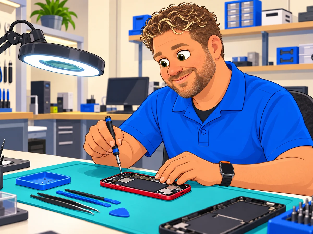 Illustration of the technician working on a phone at a repair bench