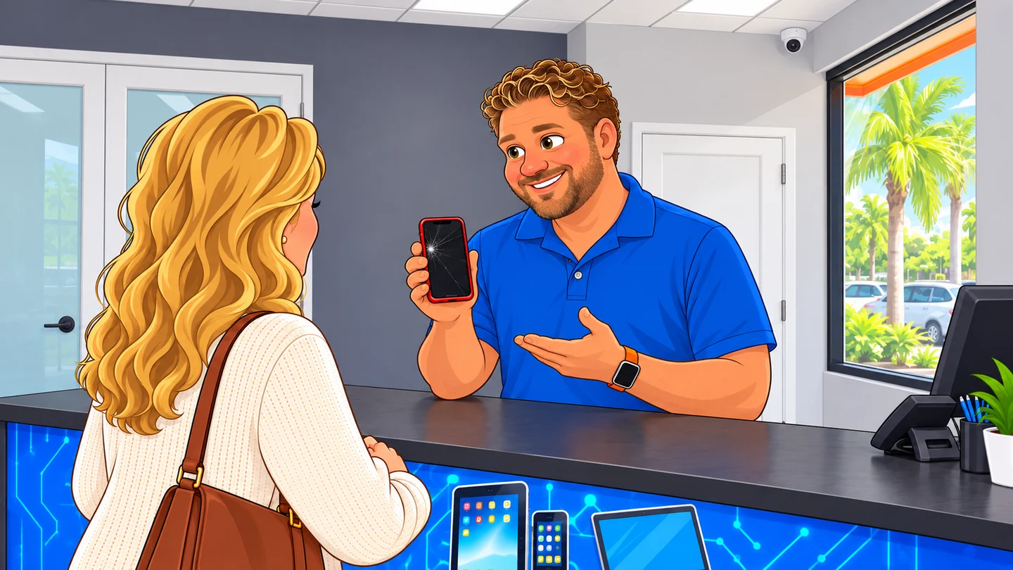Illustrated technician helping a customer with her phone at the repair counter