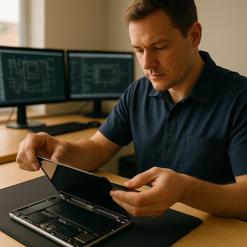 Certified mobile device repair technician performing professional iPad screen repair at Fix My PC Store using specialized tools and diagnostic equipment - expert iPhone iPad repair Palm Beach County Florida