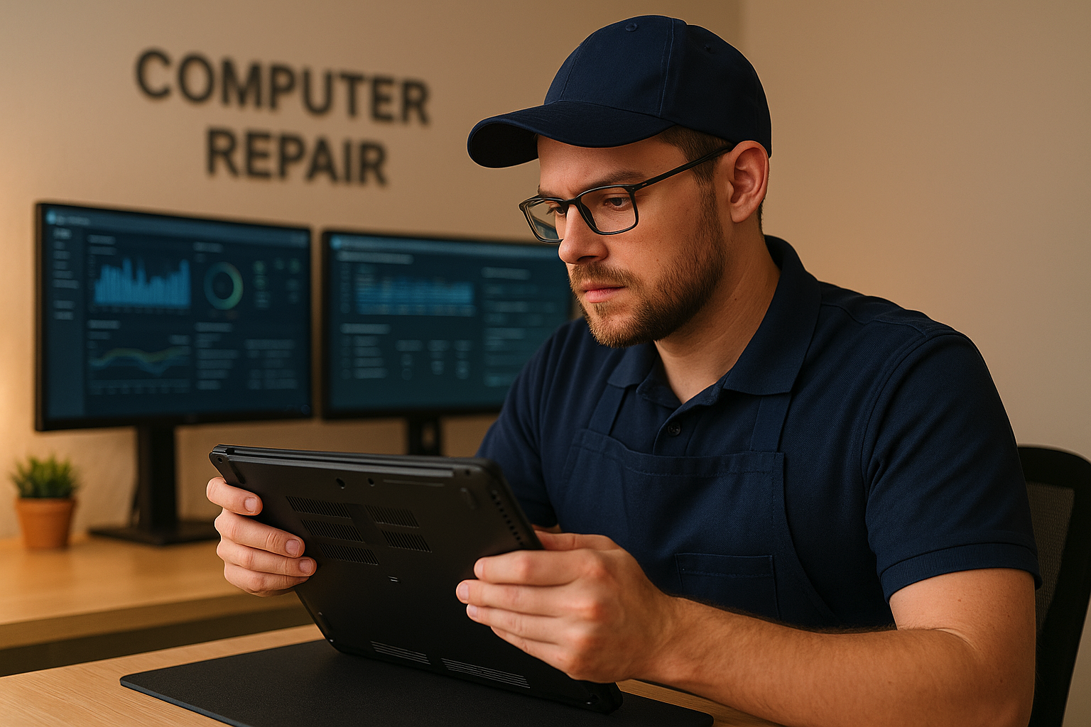 Computer Repair Technician - Fix My PC Store Certified computer repair technician performing professional laptop diagnostic at Fix My PC Store with dual monitors showing diagnostic software - expert computer repair Palm Beach County Florida