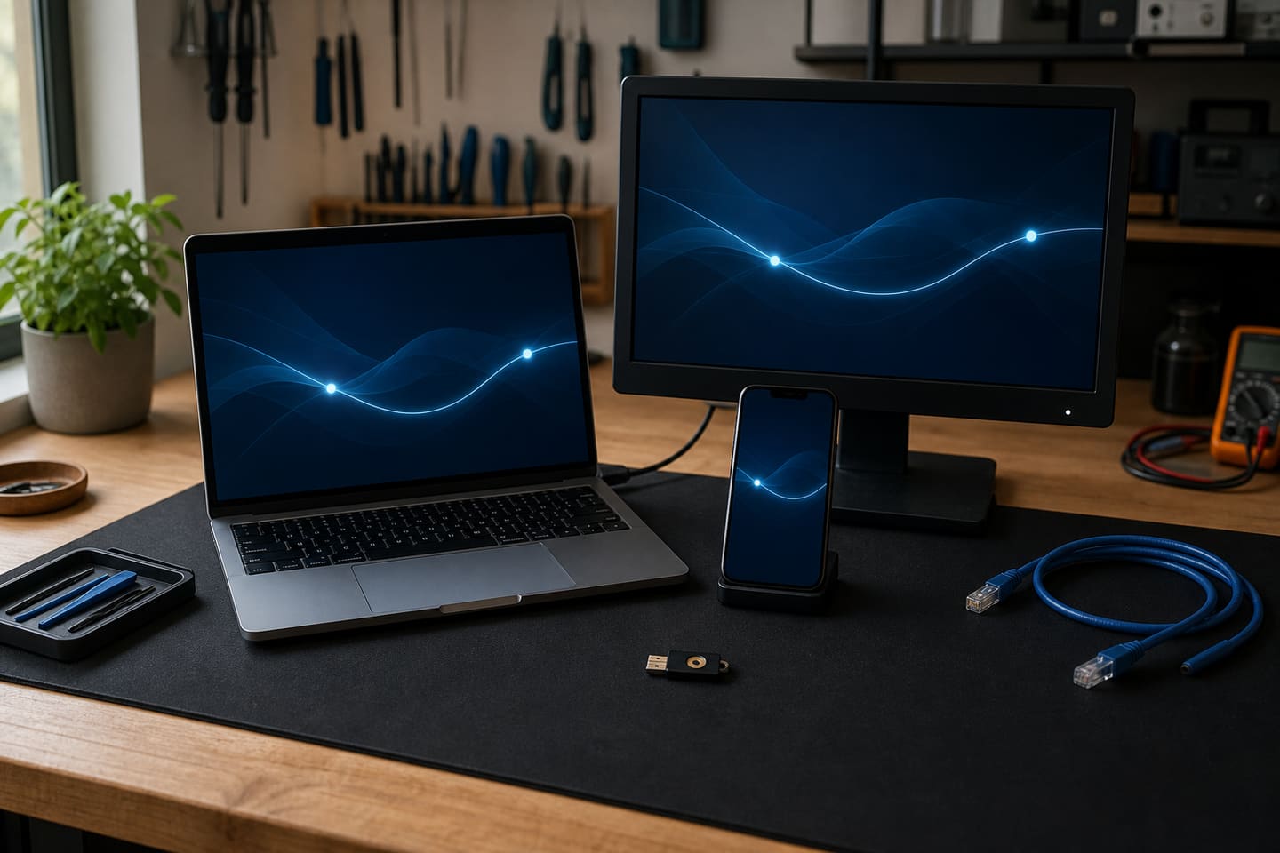 Service illustration of unbranded computers and a phone showing a synchronized workspace across devices