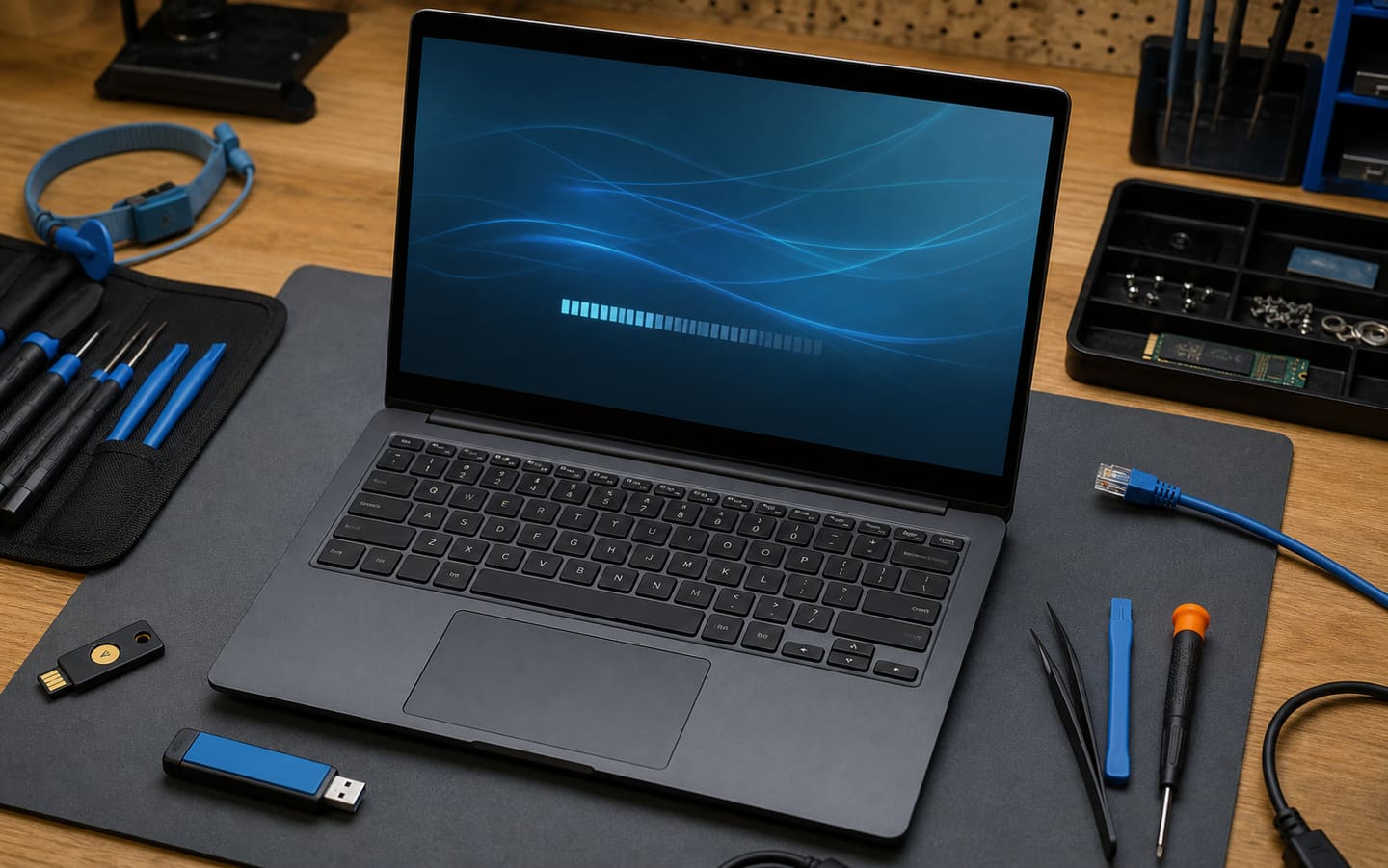 Service illustration of an unbranded laptop undergoing a business security assessment on a repair bench