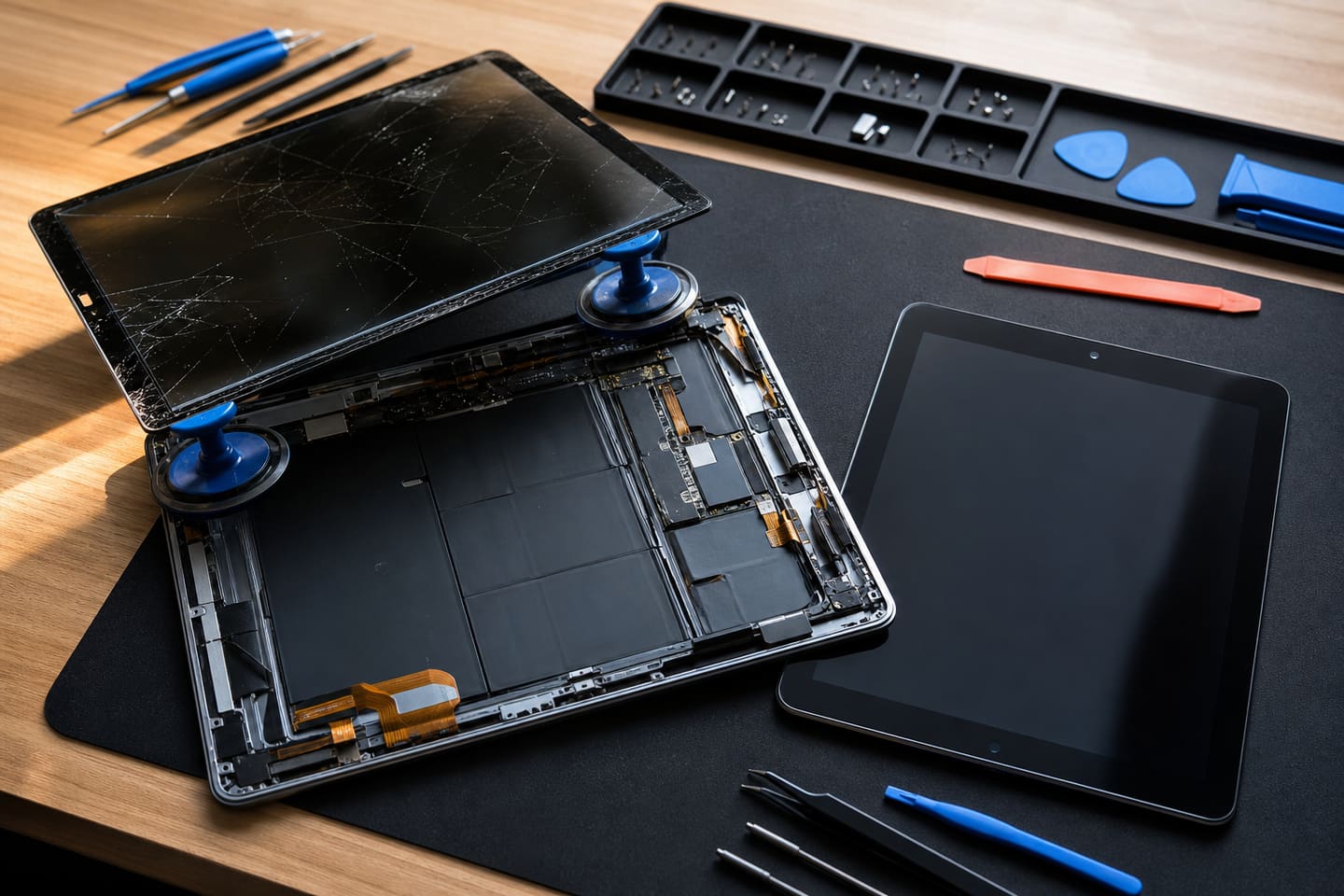 Service illustration of an unbranded tablet opened for screen and internal diagnostics on a repair bench