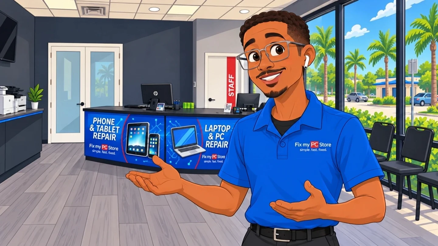 The friendly cartoon technician in the Fix My PC Store lobby