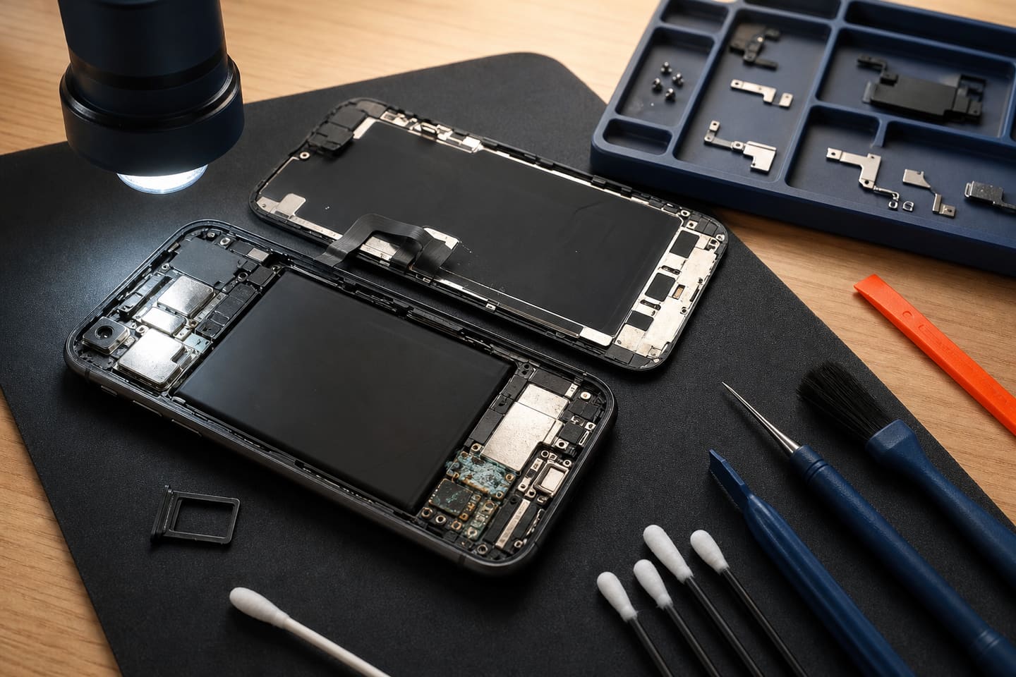 Service illustration of a dry, unbranded mobile device opened for liquid-damage inspection and corrosion cleaning