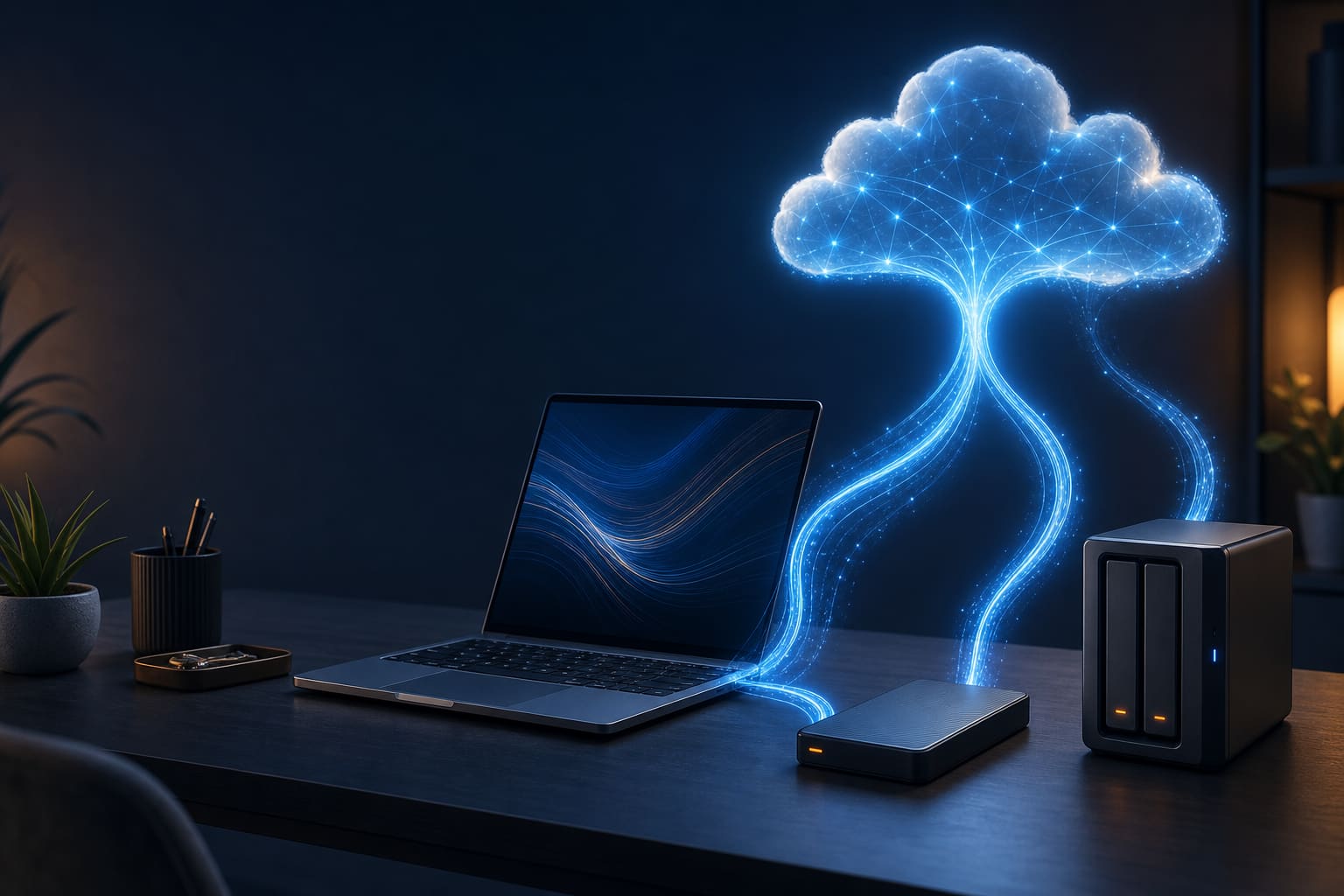 Laptop enviando archivos a un disco externo, almacenamiento doméstico y respaldo en la nube