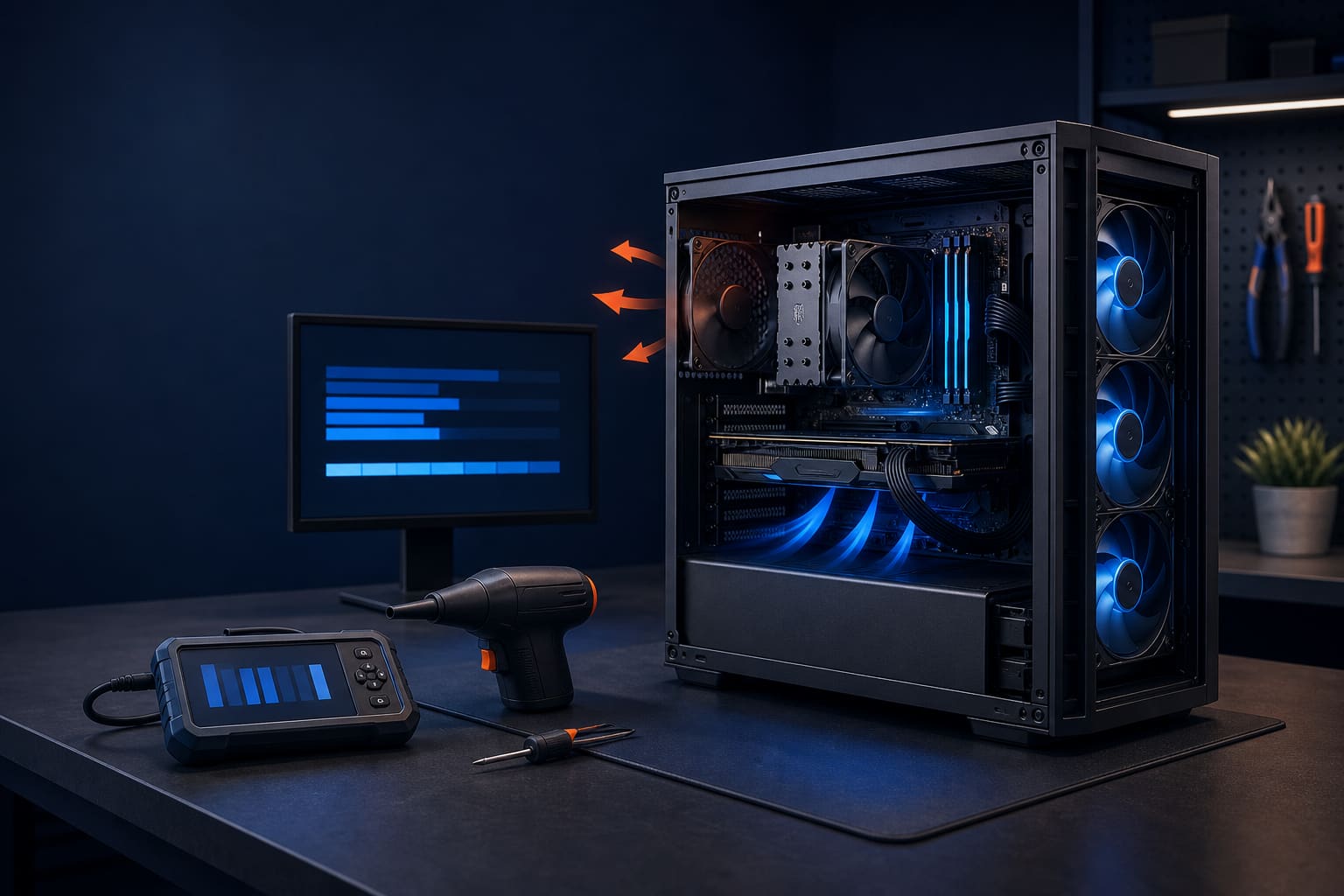 Computadora de escritorio sin marca abierta para diagnóstico de temperatura y rendimiento
