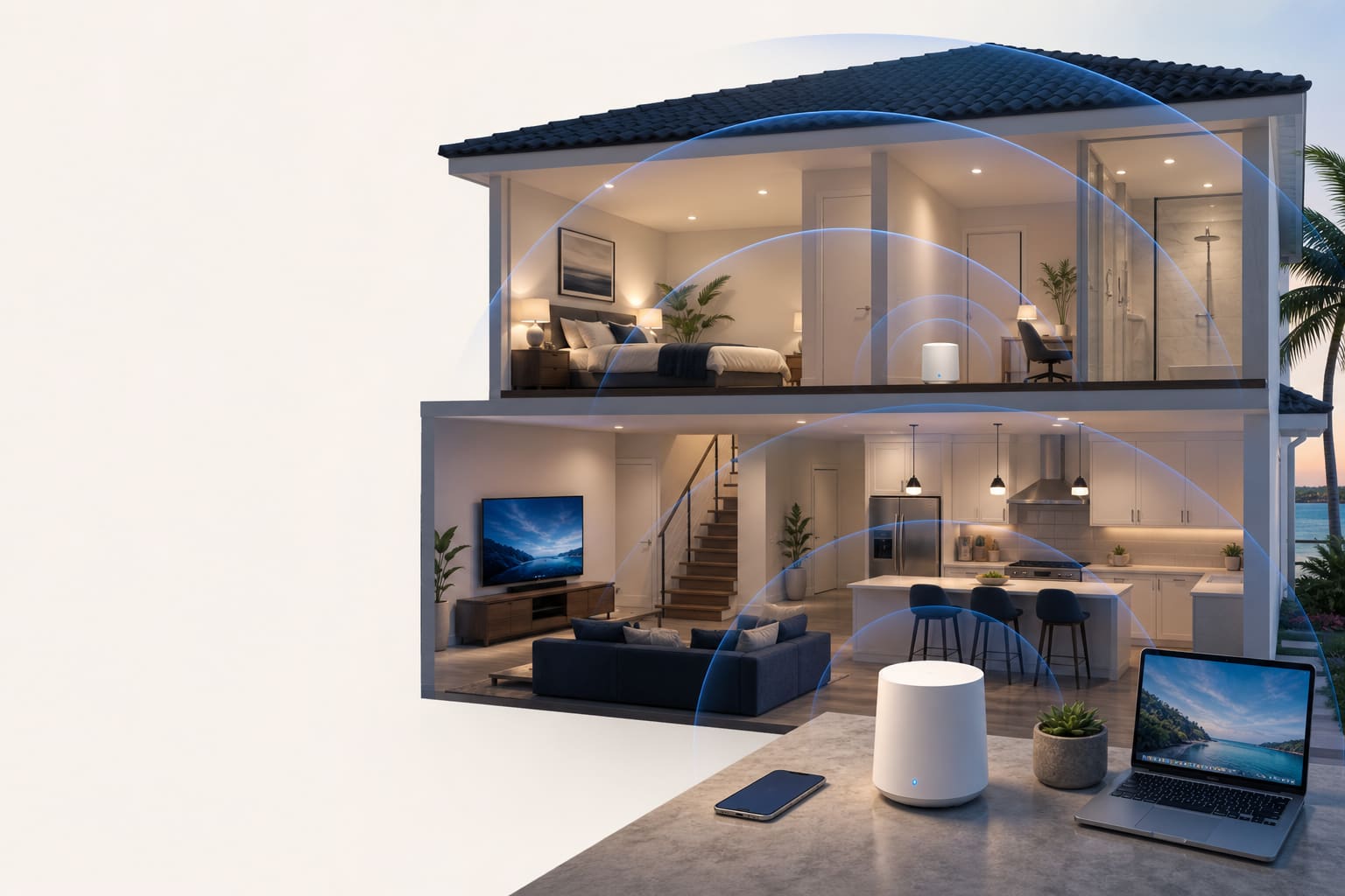 Equipo mesh sin marca distribuyendo cobertura WiFi por una vivienda