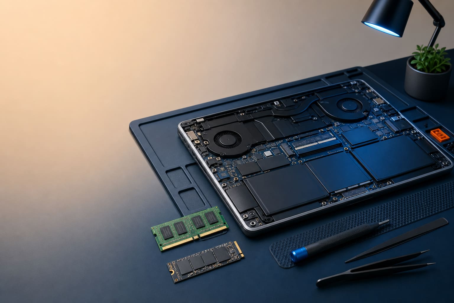 Open unbranded laptop with a compatible memory module and NVMe solid-state drive on a repair mat