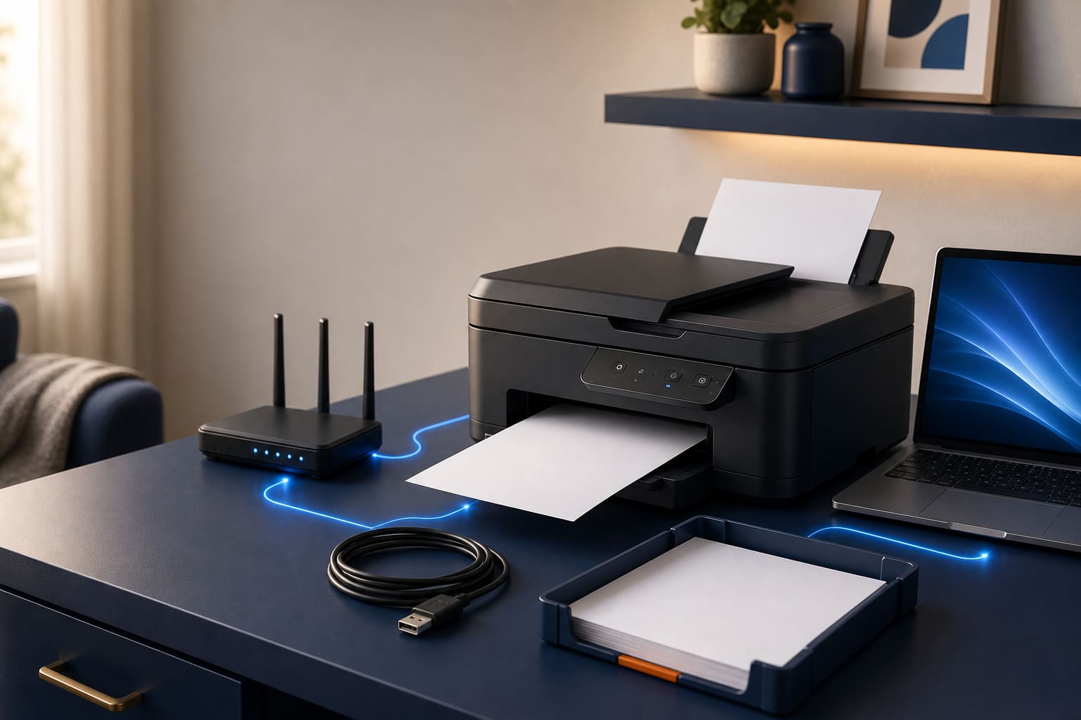 Impresora inalámbrica sin marca conectada a una laptop y un router para realizar pruebas