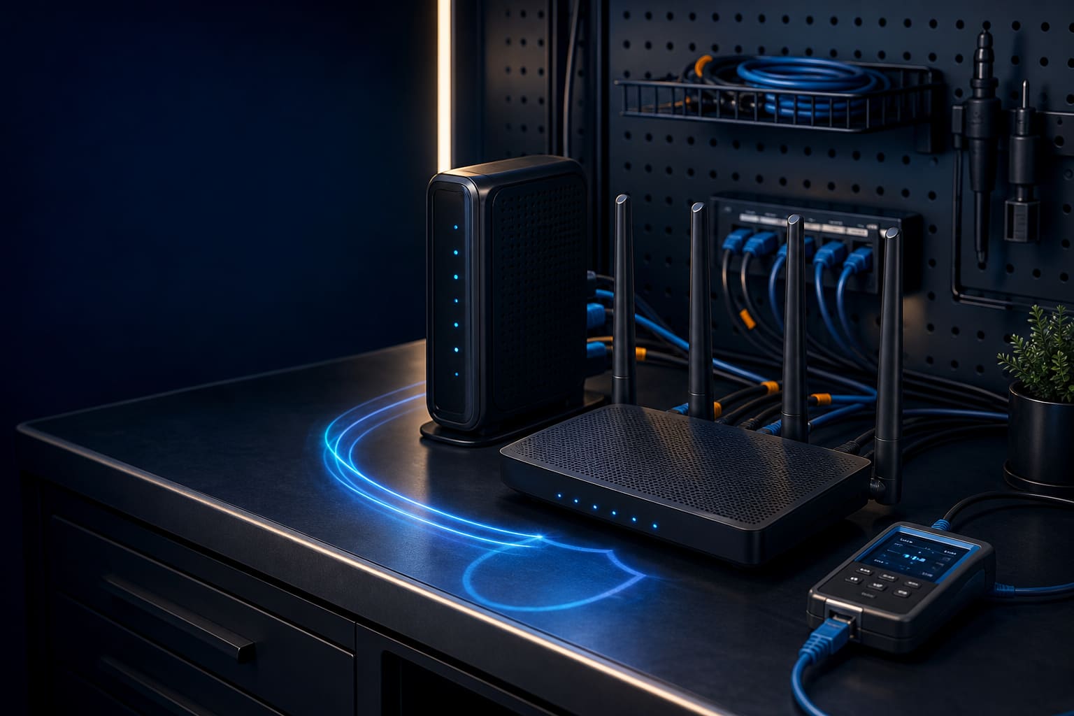 Unbranded wireless router and modem connected on a network diagnostic bench