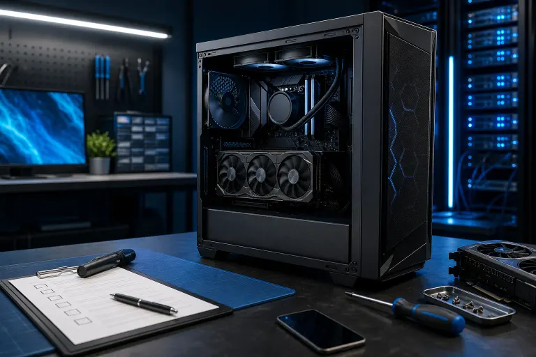Open black gaming PC tower on a workbench with GPU, liquid cooling, fans, screwdriver, clipboard checklist, and components nearby. Open black gaming PC tower on a workbench with GPU, liquid cooling, fans, screwdriver, clipboard checklist, and components nearby.