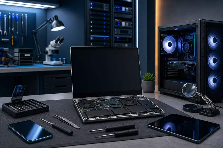 Open disassembled laptop on a repair workbench surrounded by screwdrivers, tweezers, a tablet, phone, and a glowing PC tower. Open disassembled laptop on a repair workbench surrounded by screwdrivers, tweezers, a tablet, phone, and a glowing PC tower.