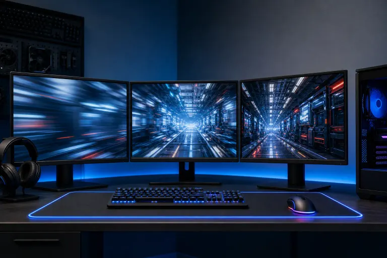 Triple-monitor gaming setup with blue RGB lighting, mechanical keyboard, mouse, and headset on a dark desk Triple-monitor gaming setup with blue RGB lighting, mechanical keyboard, mouse, and headset on a dark desk