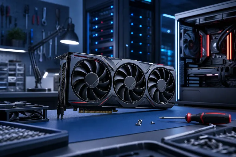 Triple-fan graphics card on a blue workbench in a dark PC workshop, with screwdriver, screws, and an open PC case in background. Triple-fan graphics card on a blue workbench in a dark PC workshop, with screwdriver, screws, and an open PC case in background.