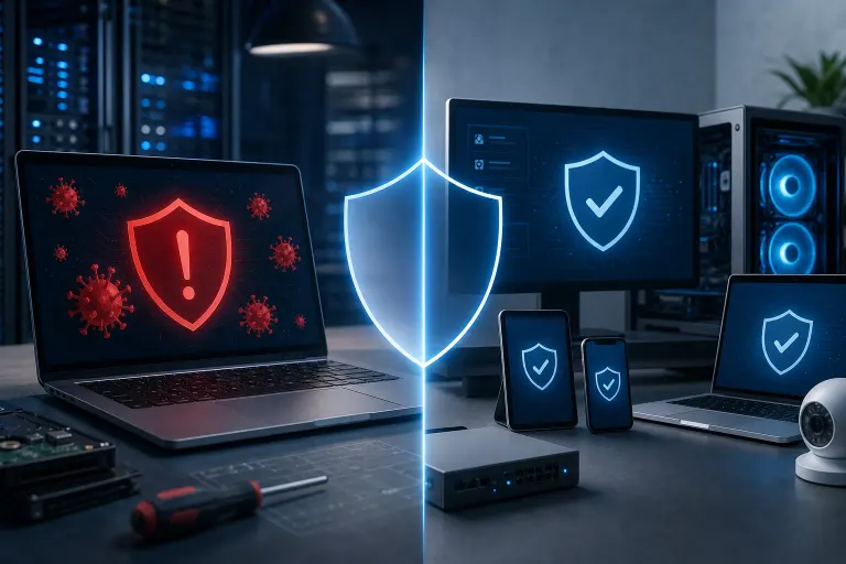 Split scene: left laptop shows red virus/alert shield, right shows multiple devices with blue checkmark shields and a glowing barrier. Split scene: left laptop shows red virus/alert shield, right shows multiple devices with blue checkmark shields and a glowing barrier.