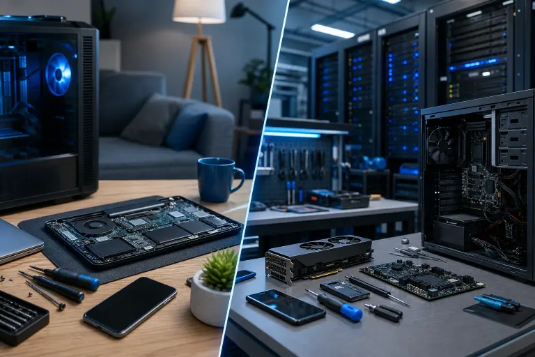 Split image: left shows open laptop internals on home desk with tools; right shows GPU, motherboard, and server racks in shop Split image: left shows open laptop internals on home desk with tools; right shows GPU, motherboard, and server racks in shop
