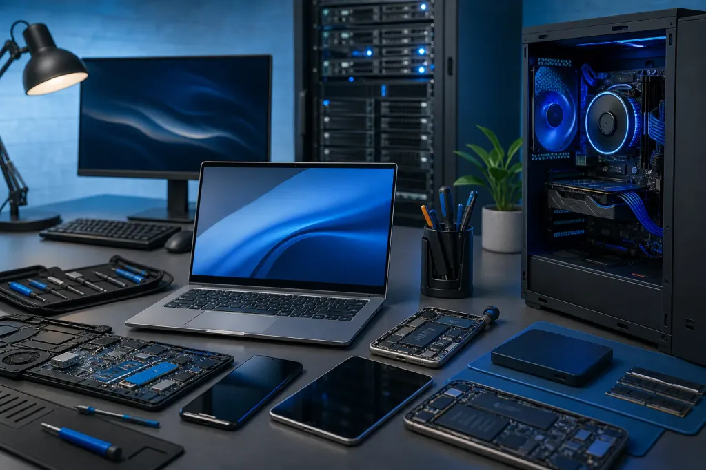 Tech workbench with laptop, disassembled devices, PC tower with blue RGB lighting, tools, monitor, and server rack in background. Tech workbench with laptop, disassembled devices, PC tower with blue RGB lighting, tools, monitor, and server rack in background.