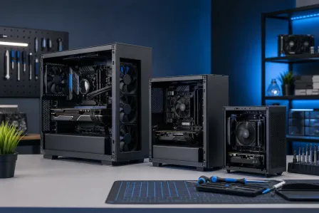 Three open PC cases of decreasing size (ATX, Micro-ATX, Mini-ITX) displayed side by side on a workbench in a blue-lit workshop Three open PC cases of decreasing size (ATX, Micro-ATX, Mini-ITX) displayed side by side on a workbench in a blue-lit workshop