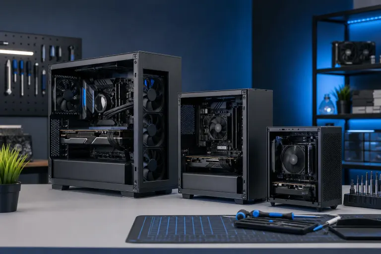 Three open PC cases of decreasing size (ATX, Micro-ATX, Mini-ITX) displayed side by side on a workbench in a blue-lit workshop Three open PC cases of decreasing size (ATX, Micro-ATX, Mini-ITX) displayed side by side on a workbench in a blue-lit workshop
