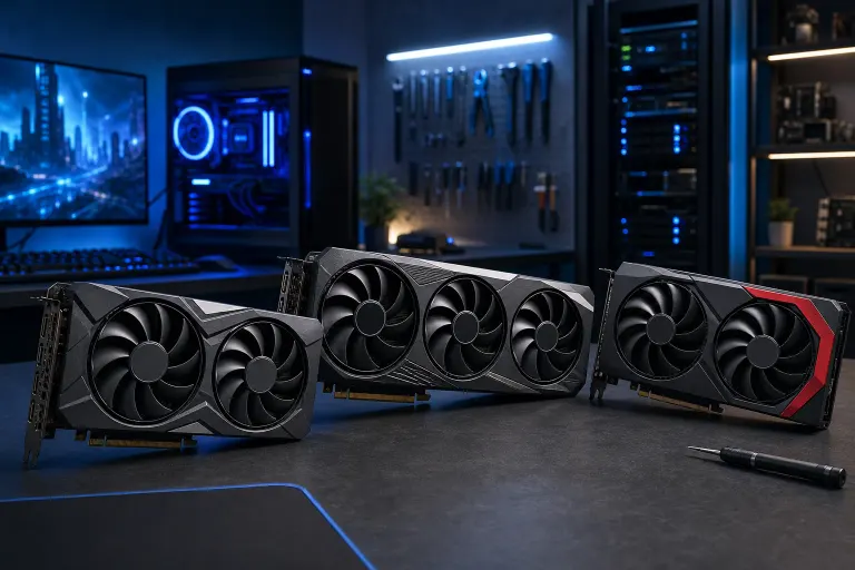 Three gaming GPUs displayed on a dark desk in a blue-lit PC workshop, with a gaming PC and tools in the background. Three gaming GPUs displayed on a dark desk in a blue-lit PC workshop, with a gaming PC and tools in the background.