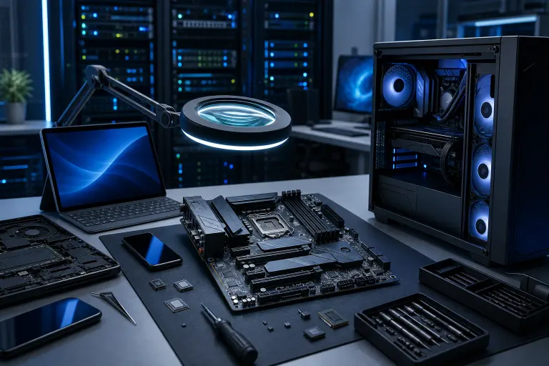 Dark-lit workbench with a bare motherboard, screwdrivers, chips, magnifying lamp, tablet, and RGB PC case in background. Dark-lit workbench with a bare motherboard, screwdrivers, chips, magnifying lamp, tablet, and RGB PC case in background.