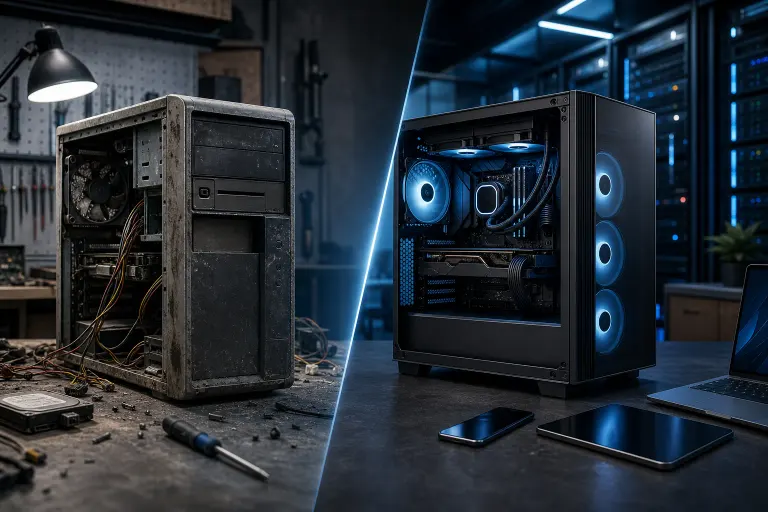 Split image: dusty, worn old PC tower on messy workbench vs. sleek modern RGB gaming PC on clean dark desk. Split image: dusty, worn old PC tower on messy workbench vs. sleek modern RGB gaming PC on clean dark desk.